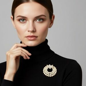 Marvella Faux Pearl & Rhinestone Circle Brooch, Signed